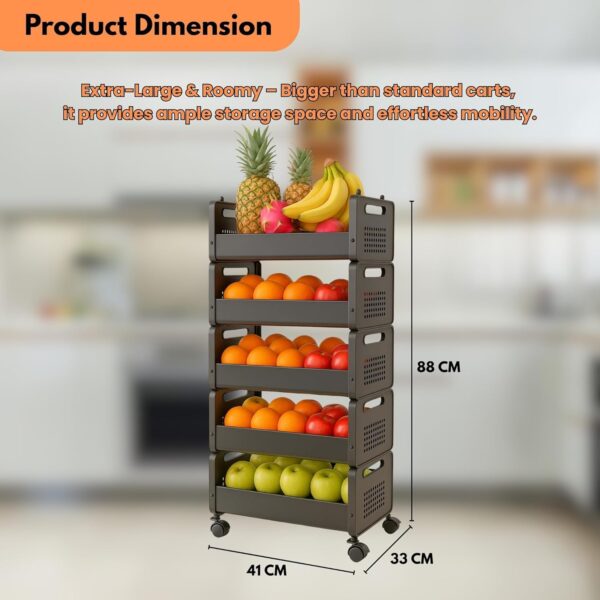 KWER 5-Tier Rolling Storage Cart with Wheels – Multi-Purpose Organizer for Kitchen, Bathroom, Kids’ Room & Office – Metal Utility Basket Rack (Black)