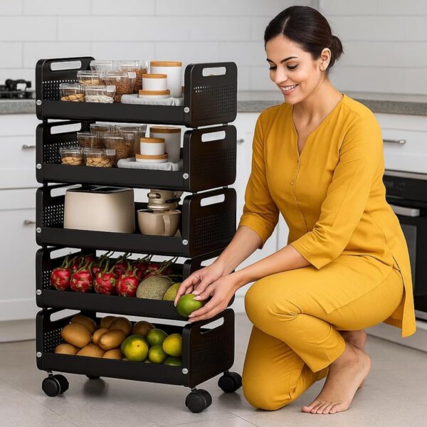 KWER 5-Tier Rolling Storage Cart with Wheels – Multi-Purpose Organizer for Kitchen, Bathroom, Kids’ Room & Office – Metal Utility Basket Rack (Black)