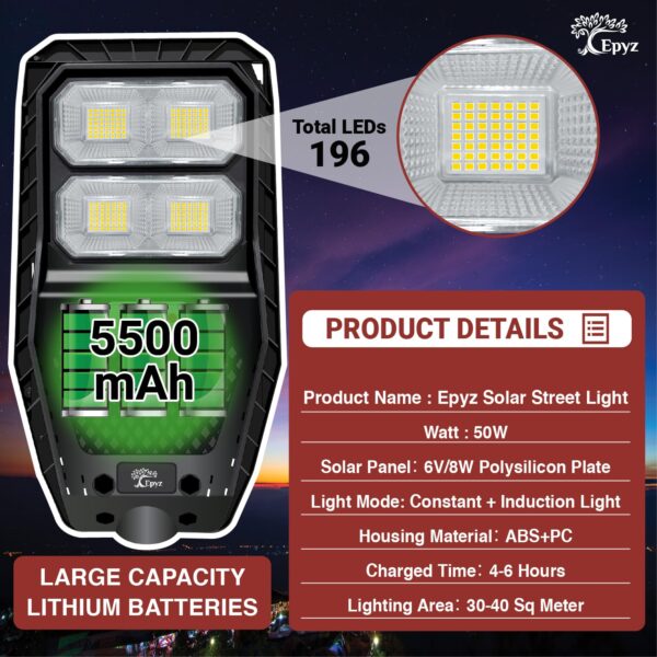 Epyz Plastic 50Watt Solar Street Light Outdoor Waterproof with Remote 196 LEDs Motion Sensor Light and Dusk to Dawn for Garden,Street,Lawn [ with Out Pole ] [ Pack of 1,Cold White ]
