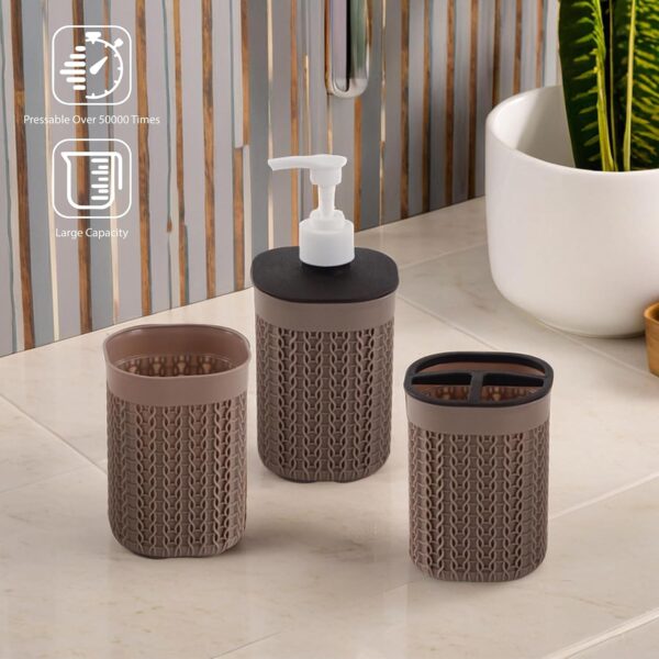 Kuber Industries Plastic Bathroom Accessories Set of 3 | Toothbrush Stand for Bathroom | Handwash Dispenser Bottle for Kitchen | Brush Holder for Wash Basin | Mouth Wash Tumbler Organiser | Brown