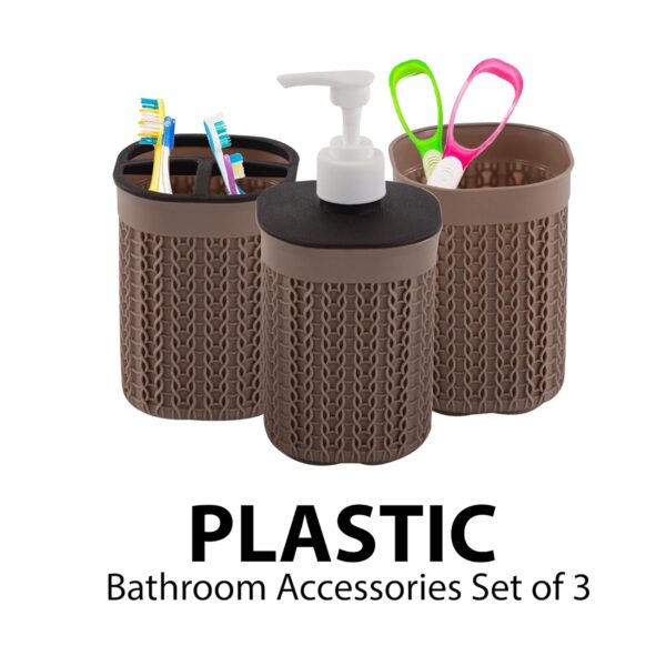 Kuber Industries Plastic Bathroom Accessories Set of 3 | Toothbrush Stand for Bathroom | Handwash Dispenser Bottle for Kitchen | Brush Holder for Wash Basin | Mouth Wash Tumbler Organiser | Brown