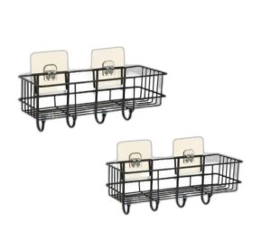 (Pack of 2) Steel Self-Adhesive Multipurpose Bathroom Shelf with Hooks/Towel Holder/Rack/Bathroom Accessories - Wall Mount - Pack of 2 (Black,Powder Coated)|TM-P7446