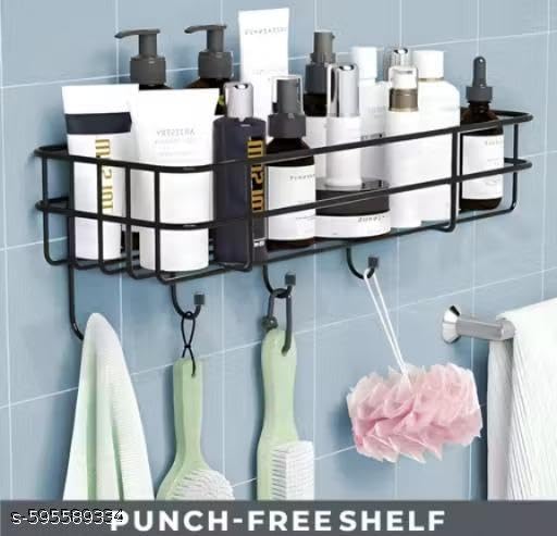 (Pack of 2) Steel Self-Adhesive Multipurpose Bathroom Shelf with Hooks/Towel Holder/Rack/Bathroom Accessories - Wall Mount - Pack of 2 (Black,Powder Coated)|TM-P7446