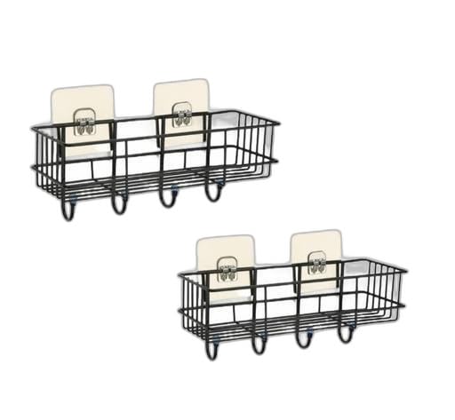 (Pack of 2) Steel Self-Adhesive Multipurpose Bathroom Shelf with Hooks/Towel Holder/Rack/Bathroom Accessories - Wall Mount - Pack of 2 (Black,Powder Coated)|TM-P7446