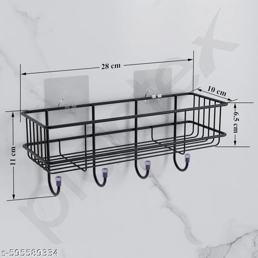 (Pack of 2) Steel Self-Adhesive Multipurpose Bathroom Shelf with Hooks/Towel Holder/Rack/Bathroom Accessories - Wall Mount - Pack of 2 (Black,Powder Coated)|TM-P7446