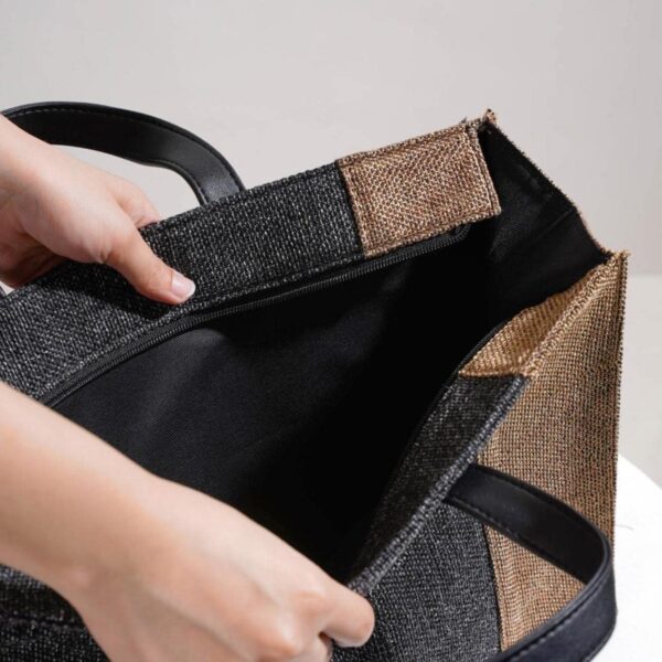 Nestasia Jute Lunch Bags for Office Women (15x10 Inch), Eco-Friendly and Washable Lunch Bags for Women and Men with Vegan Leather Handle, Black & Beige
