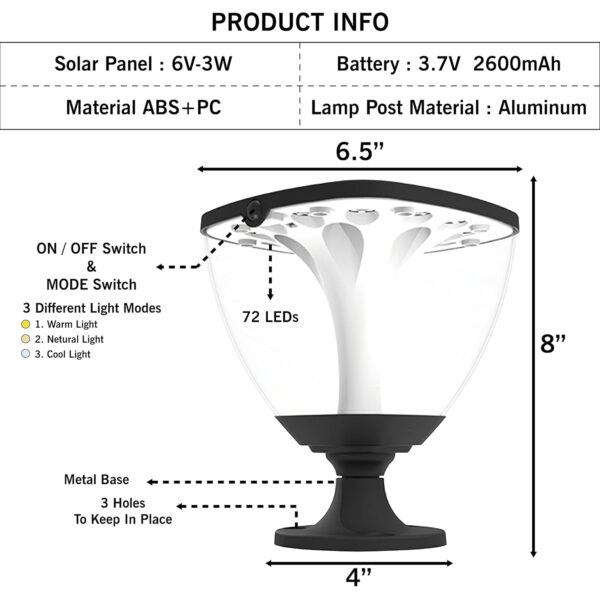 Epyz Solar Gate Pillar Light Outdoor Waterproof Square Shape,2600mah Battery, 3 Type of Lights, Application for Fence, Garden, Wall, Outdoor [ 72LED, Multicolour ]
