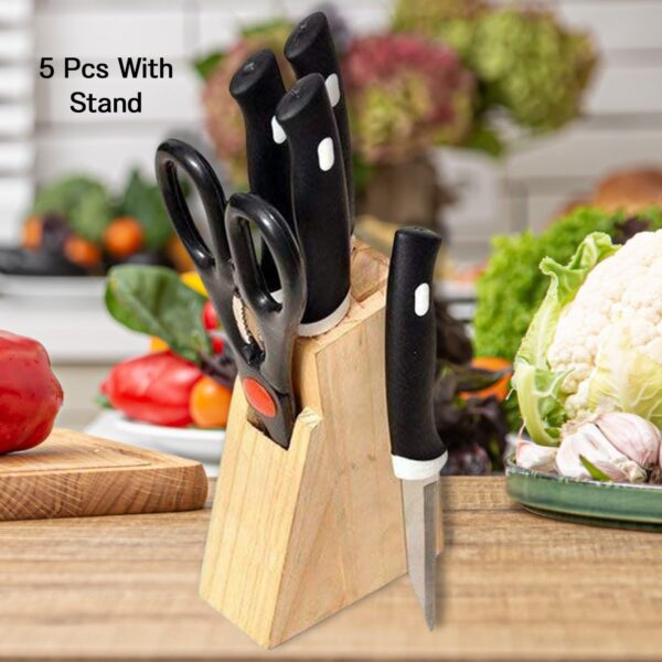 Oblivion Knife for Kitchen Use – Stainless Steel Kitchen Knife Set with Sharp Knives & Vegetable Peeler with Stand – Attractive Storage Stand for Home Cooking & Daily Kitchen Use (Wooden, Pack of 5)