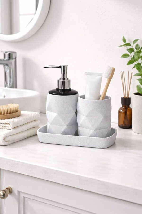 1775794328_LAGET®-Bathroom-Accessories-Set-with-Tray-Soap-Dispenser-Pump-Toothbrush-Holder-Combo-Modern-Plastic-Bathroom-Set-for-Wash-Basin-Sink-Countertop-White.jpg LAGET® Bathroom Accessories Set with Tray | Soap Dispenser Pump & Toothbrush Holder Combo | Modern Plastic Bathroom Set for Wash Basin, Sink & Countertop (White)
