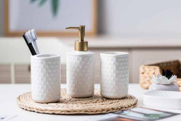 UMAI 4 Pcs Ceramic Bathroom Accessories Set - Tooth Brush Holder, Water Cup (300ml), Soap Dispenser (330ml), Soap Holder Dish for Bathroom (White)