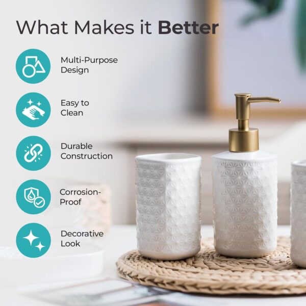 The Better Home Bathroom Accessories Set of 4 Pcs | Soap Dispenser for Bathroom | Toothbrush Holder | Soap Case for Bathroom | Sturdy and Long-Lasting | Bathroom Accessories Items - White