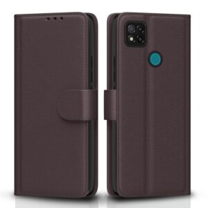 Pikkme Flip Cover Leather Finish | Inside TPU with Card Pockets | Wallet Stand and Shock Proof | Complete Protection Flip Case for Redmi 10A/10A Sport/Redmi 9/Redmi 9 Activ/9C/Poco C31(Coffee)
