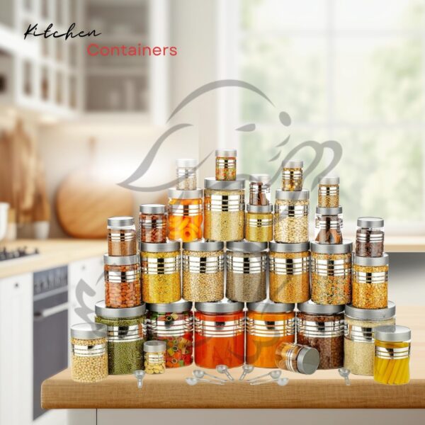 1775809045_RABBY-Plastic-Pet-Storage-Jar-and-Container-Set-of-24-With-Spoons-Air-Tight-Kitchen-Organiser-Improved-Model-Silver-line-Printed.jpg RABBY Plastic Pet Storage Jar and Container, Set of 24 With Spoons Air Tight | Kitchen Organiser Improved Model Silver line Printed