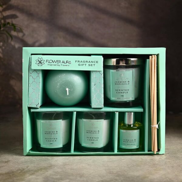 1775809771_FlowerAura-Premium-Gift-Hamper-of-Jasmine-Marigold-Scented-4-Unique-Candles-Reed-Diffuser-in-Box-for-Birthday-Anniversary-Farewell-Wedding-Occasions-Gift-Corporate-Gift-Same-Day-Delivery.jpg FlowerAura Premium Gift Hamper of Jasmine & Marigold Scented 4 Unique Candles & Reed Diffuser in Box for Birthday, Anniversary, Farewell, Wedding, Occasions Gift, Corporate Gift (Same Day Delivery)