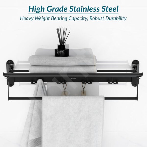 Plantex Stainless Steel Folding Towel Rack for Bathroom/Towel Rod with Hooks/Towel Stand/Towel Holder/Bathroom Accessories (24 inch) Matt Black