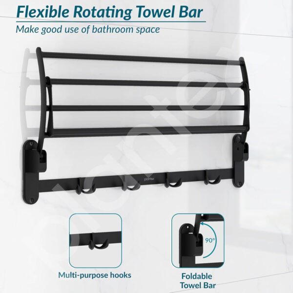 Plantex Stainless Steel Folding Towel Rack for Bathroom/Towel Rod with Hooks/Towel Stand/Towel Holder/Bathroom Accessories (24 inch) Matt Black