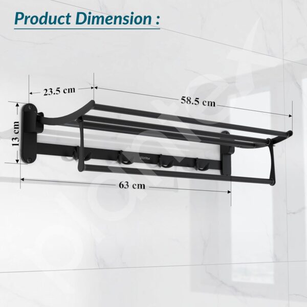 Plantex Stainless Steel Folding Towel Rack for Bathroom/Towel Rod with Hooks/Towel Stand/Towel Holder/Bathroom Accessories (24 inch) Matt Black