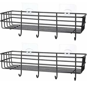 (Pack of 2) Steel Self-Adhesive Multipurpose Bathroom Shelf with Hooks/Towel Holder/Rack/Bathroom Accessories-Wall Mount - Pack of 2 (Black,Powder Coated)