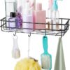(Pack of 2) Steel Self-Adhesive Multipurpose Bathroom Shelf with Hooks/Towel Holder/Rack/Bathroom Accessories-Wall Mount - Pack of 2 (Black,Powder Coated)