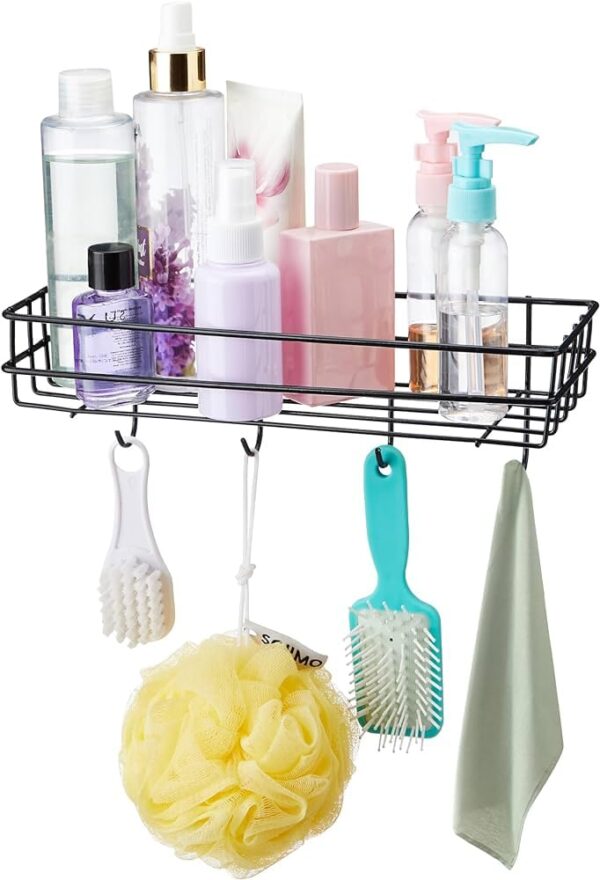 (Pack of 2) Steel Self-Adhesive Multipurpose Bathroom Shelf with Hooks/Towel Holder/Rack/Bathroom Accessories-Wall Mount - Pack of 2 (Black,Powder Coated)