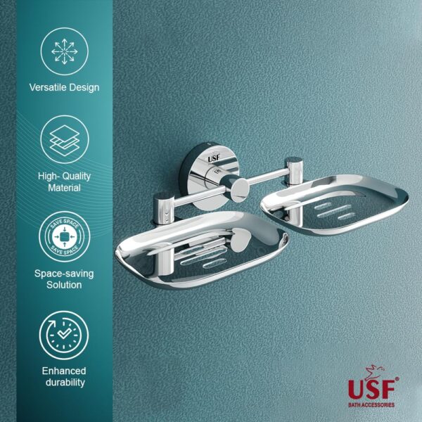 USF 304 Stainless Steel Double Soap Stand for Bathroom, Wall Mounted Soap Holder with Drain Holes, Durable Rustproof Build, Chrome Finish, 25 Years Warranty