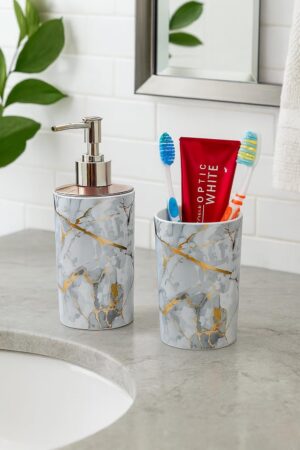 LAGET® Bathroom Accessories Set for Utility and Toothbrush Holder Bathroom LAGET® Bathroom Accessories Set for Utility and Toothbrush Holder Bathroom Decor | Handwash Liquid Soap Dispenser Pump for Bathroom, Kitchen, Wash Basin, Sink (White Thunder)