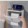 Self Adhesive Toilet Paper Holder for Bathroom with Mobile Stand, Wall Mounted Tissue Paper Holder, Toilet Paper Roll Holder for Bathroom, Bathroom Accessories (Navy Blue)