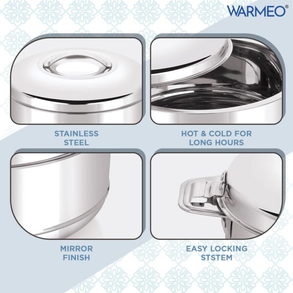 WARMEO Steam Insulated Stainless Steel Casseroles| Easy to Carry Hot Boxes for Kitchen | Hot Food, Easy to Store| Silver| Set of 3 (500,1000,1500ml)