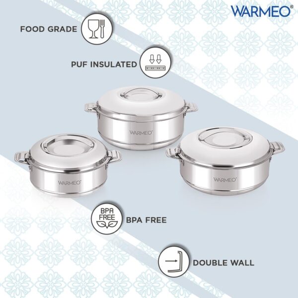 WARMEO Steam Insulated Stainless Steel Casseroles| Easy to Carry Hot Boxes for Kitchen | Hot Food, Easy to Store| Silver| Set of 3 (500,1000,1500ml)