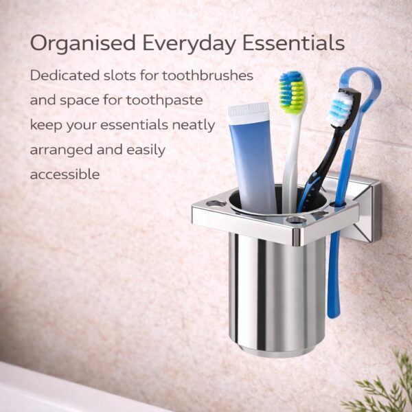 Hindware Stelo Tooth Brush Holder for Bathroom | 202-Grade Stainless Steel | Mirror Like Chrome Finish | Corrosion & Rust Resistant Toothbrush Holder | Dimension (mm): 125*112*99 | 1-year Warranty