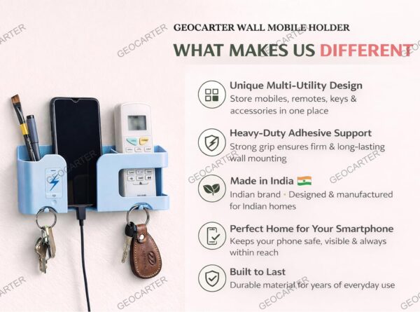 Wall Mobile Holder | Multi-Purpose Mobile Stand for Wall | Remote Holder & Mobile Charging Stand | Phone Holder for Charging | Kitchen Organizer Rack Mounted | Useful Gadget-Blue