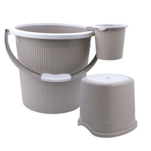AIR O MATIC 3pc New Plastic Bathroom Set Round Double Moulded Unbreakable Ivory Brown (18 LTR Bucket, 1 LTR Mug and Stool)