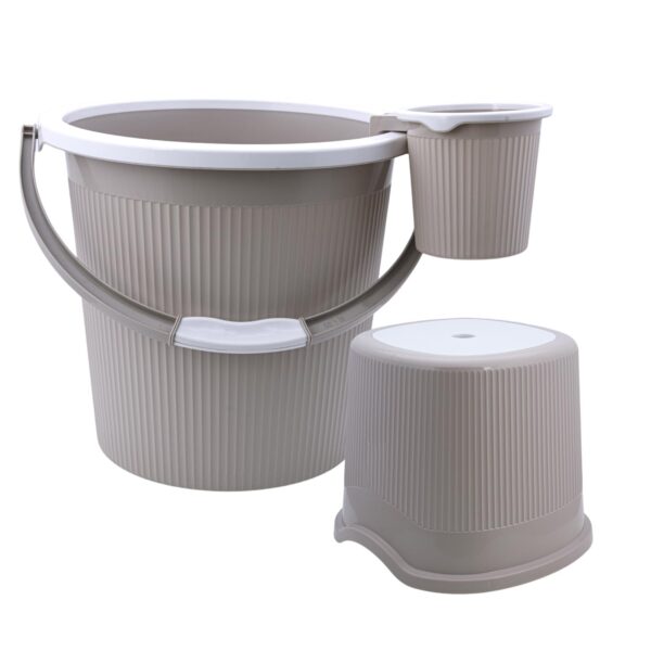 AIR O MATIC 3pc New Plastic Bathroom Set Round Double AIR O MATIC 3pc New Plastic Bathroom Set Round Double Moulded Unbreakable Ivory Brown (18 LTR Bucket, 1 LTR Mug and Stool)