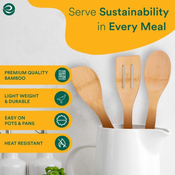 EcoSoul | Bamboo Spatula [ Set of 3 ] | Wooden Spatula | Bamboo Ladle/Turner | Non Stick, Durable, Heat-Safe & Eco-Friendly | for Cooking, Stirring & Serving | Beige