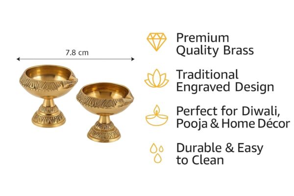 Brass Deepak with Stand - Set of 2 Gold Diya for Diwali Puja, Standard Size, Traditional Indian Design, Home Decor, Festive Lighting, Ideal Gift (Stand Diya)