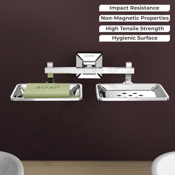 Plantex 304 Grade Stainless Steel Dual Soap Holder for Bathroom/Wall Mounted Soap Holder/Double Soap Dish/Bathroom Accessories - Squaro (Chrome)