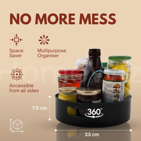 HomeWiz Multi-Purpose 360° Rotating Organizer Tray | Kitchen Accessories Items | Kitchen Organizer Rack | Kitchen Tools | Easy - Access Turntable for Spices, Storage | Black, Pack of 2