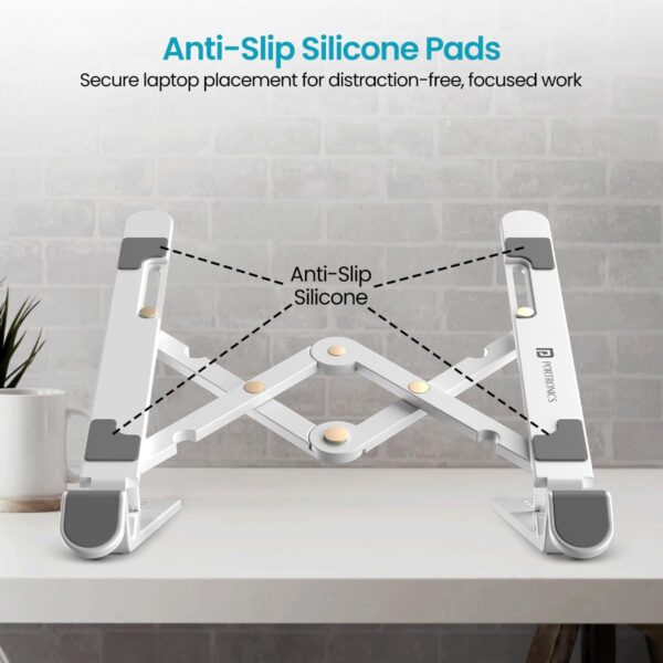 1775955376_Portronics-My-Buddy-K-Lite-Foldable-Laptop-Stand-with-Adjustable-Heights-Anti-Slip-Silicone-Pads-Collapsible-Design-5-kg-Max-Weight-ABS-Build-Portable-Lightweight-Holder-Riser-White.jpg Portronics My Buddy K Lite Foldable Laptop Stand with Adjustable Heights, Anti-Slip Silicone Pads, Collapsible Design, 5 kg Max Weight, ABS Build, Portable & Lightweight Holder Riser (White)