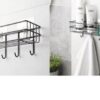 Steel Self-Adhesive Multipurpose Bathroom Shelf with Hooks/Towel Holder/Rack/Bathroom Accessories - Wall Mount - Pack of 2 (Black,|Design - for home and kitchen