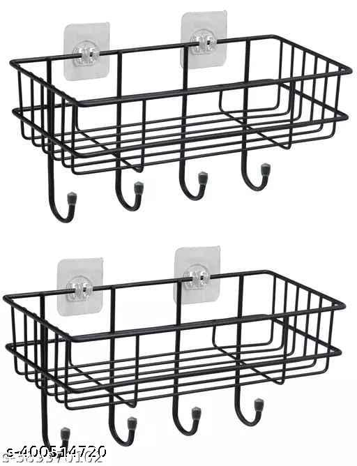 Steel Self-Adhesive Multipurpose Bathroom Shelf with Hooks/Towel Holder/Rack/Bathroom Accessories - Wall Mount - Pack of 2 (Black,|Design - for home and kitchen
