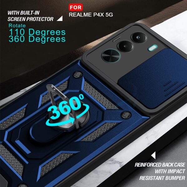 AIBEX® Back Cover Compatible for Realme P4X 5G | D10 Tough Armor Case | Sliding Camera Shield | 360° Protection | Kickstand Ring Holder | Military-Grade Bumper Case - Blue