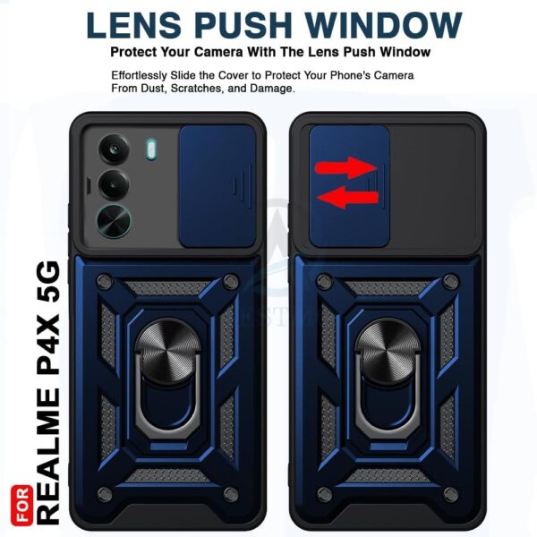 AIBEX® Back Cover Compatible for Realme P4X 5G | D10 Tough Armor Case | Sliding Camera Shield | 360° Protection | Kickstand Ring Holder | Military-Grade Bumper Case - Blue