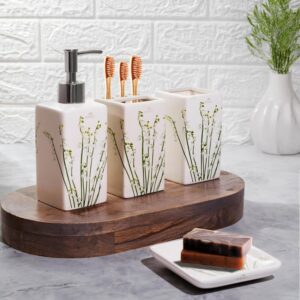 Dolphy Ceramic Bathroom Set – Stylish 4 Piece Bath Accessories Kit with Soap Dispenser, Toothbrush Holder, Tumbler & Soap Dish – Modern & Unique Designer Decor for Home & Guest Bathrooms- Green