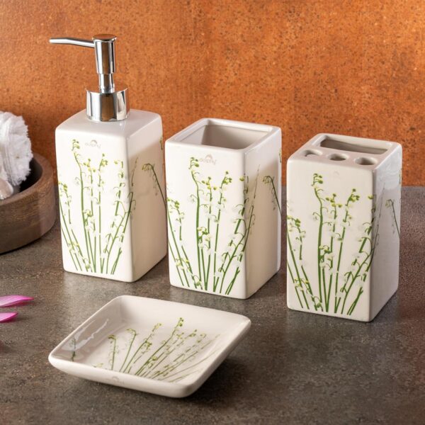 Dolphy Ceramic Bathroom Set – Stylish 4 Piece Bath Accessories Kit with Soap Dispenser, Toothbrush Holder, Tumbler & Soap Dish – Modern & Unique Designer Decor for Home & Guest Bathrooms- Green