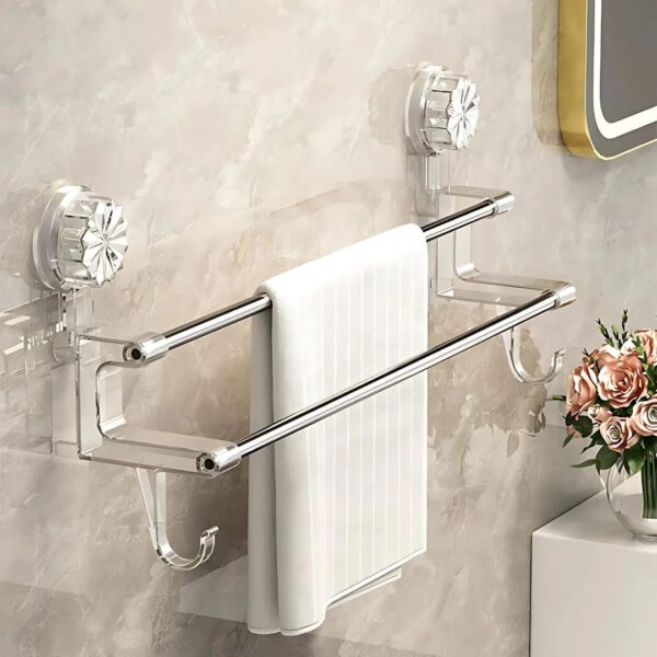 REWOP No-Drill Towel Rack for Bathroom, Towel Holder in Bathroom, REWOP No-Drill Towel Rack for Bathroom, Towel Holder in Bathroom, Wall Mounted Bathroom Towel Rack – Suction Cup Double Rod Wall Shelf for Towels & Clothes (23 Inch)