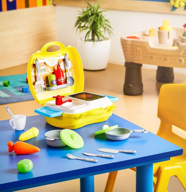 Amazon Brand - Jam & Honey Kitchen Set for Kids | Pretend and Play Toy | Portable Suitcase with Realistic Cooking Toys | for Boys & Girls 2+ Years | Non-Toxic | 24 Pieces | Multicolour