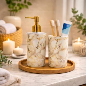 LAGET® Bathroom Accessories Set for Utility and Toothbrush Holder Bathroom LAGET® Bathroom Accessories Set for Utility and Toothbrush Holder Bathroom Decor | Handwash Liquid Soap Dispenser Pump for Bathroom, Kitchen, Wash Basin, Sink (Cream Stone)