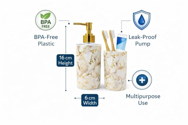 LAGET® Bathroom Accessories Set for Utility and Toothbrush Holder Bathroom Decor | Handwash Liquid Soap Dispenser Pump for Bathroom, Kitchen, Wash Basin, Sink (Cream Stone)