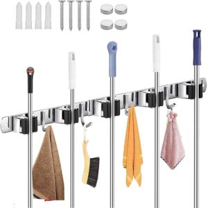 Broom Mop Holder Wall Mount Stainless Steel Wall Mounted Storage Broom Mop Holder Wall Mount Stainless Steel Wall Mounted Storage Organizer Heavy Duty Tools Hanger For Kitchen Bathroom Closet Garage Office Garden-1Pc (5 Rack 6 Hook), Hanging Shelves
