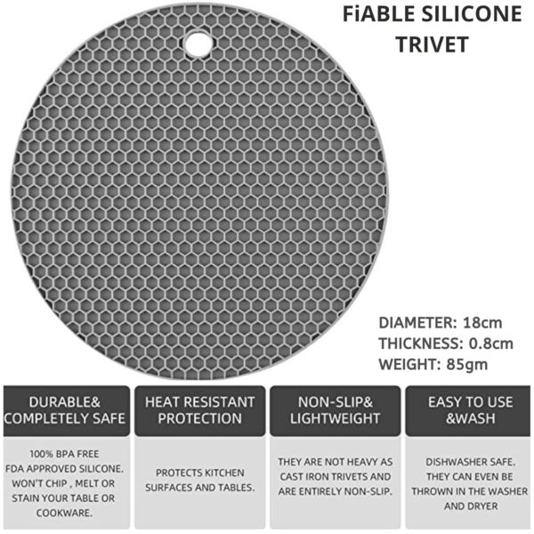 FiABLE Premium Grade Silicone Trivet Mats - High Heat Resistant mats, Non Stick, Non Slip, Scratch Proof | Coasters for Hot Pans | 8mm Extra Thick for Dining and Kitchen - Set of 3 Grey